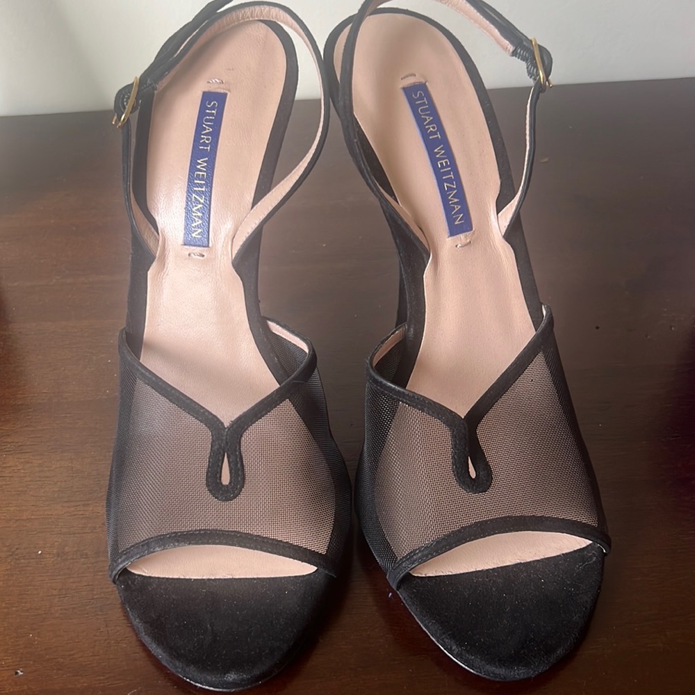Stuart Weitzman Black Mesh Open-Toe Slingback Heels